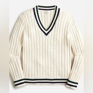 J.CREW Cable-Knit V-neck Sweater (Navy+Green stripe detail)